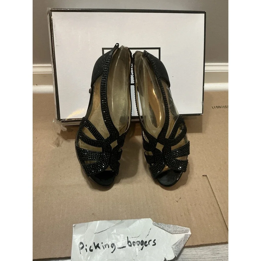 Alex Marie Black Rhinestone Heels Women's Size 7.5  M Shoes Zip Back Peep Toe